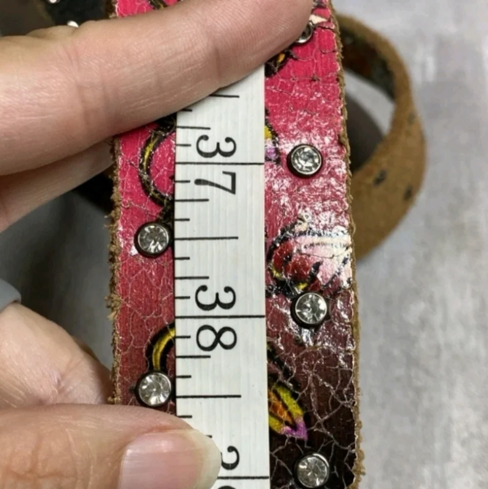Ed Hardy For The World Rhinestone Studded Pink Black Tattoo Leather Belt Sz S-M - Picture 5 of 16